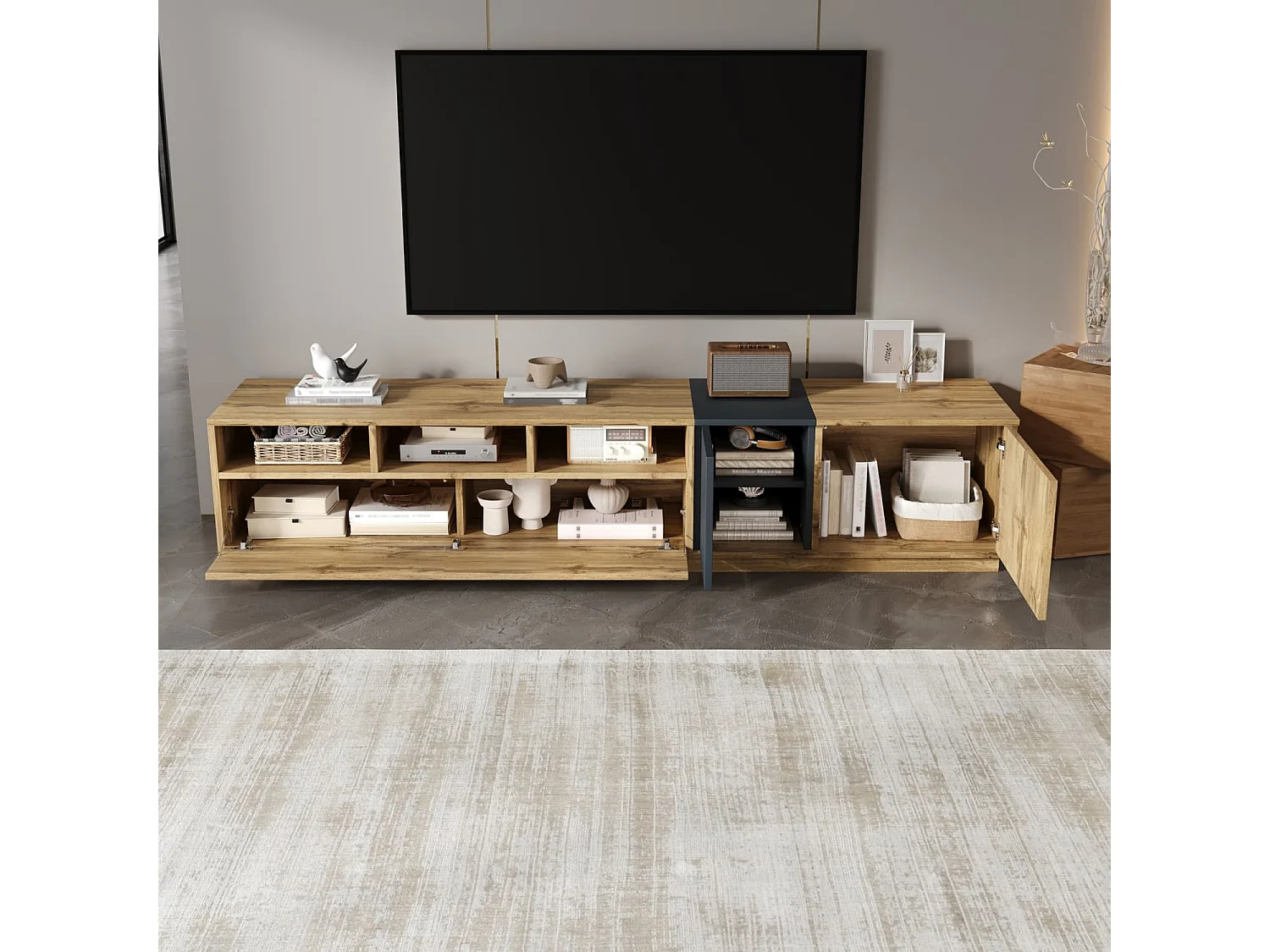 Ein moderner TV-Ständer in Kontrastfarben. Mit schlichtem, kontrastreichem Design,mit offenen Fächern und Kabelöffnungen,200 cm