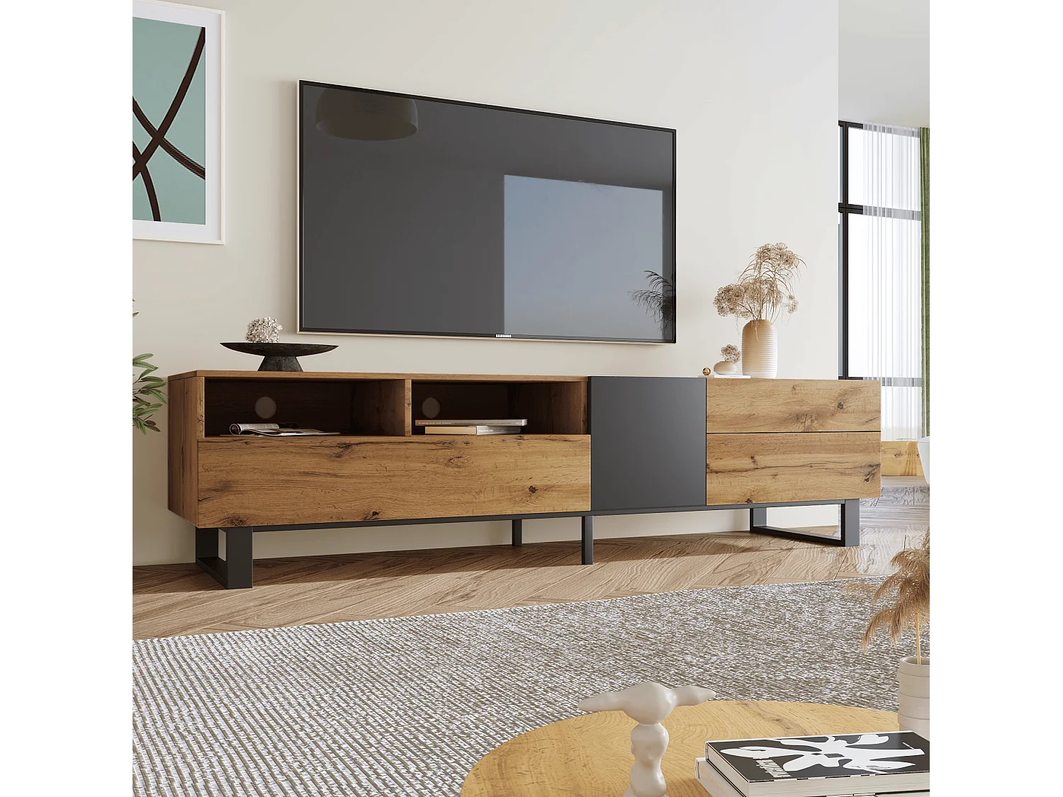 Lowboard TV-Schrank Moderner Colorblocking TV-Board mit Holzmaserung (180 x 38 x 50 cm), Fernsehschrank Kommode für Wohnzimmer Schlafzimmer