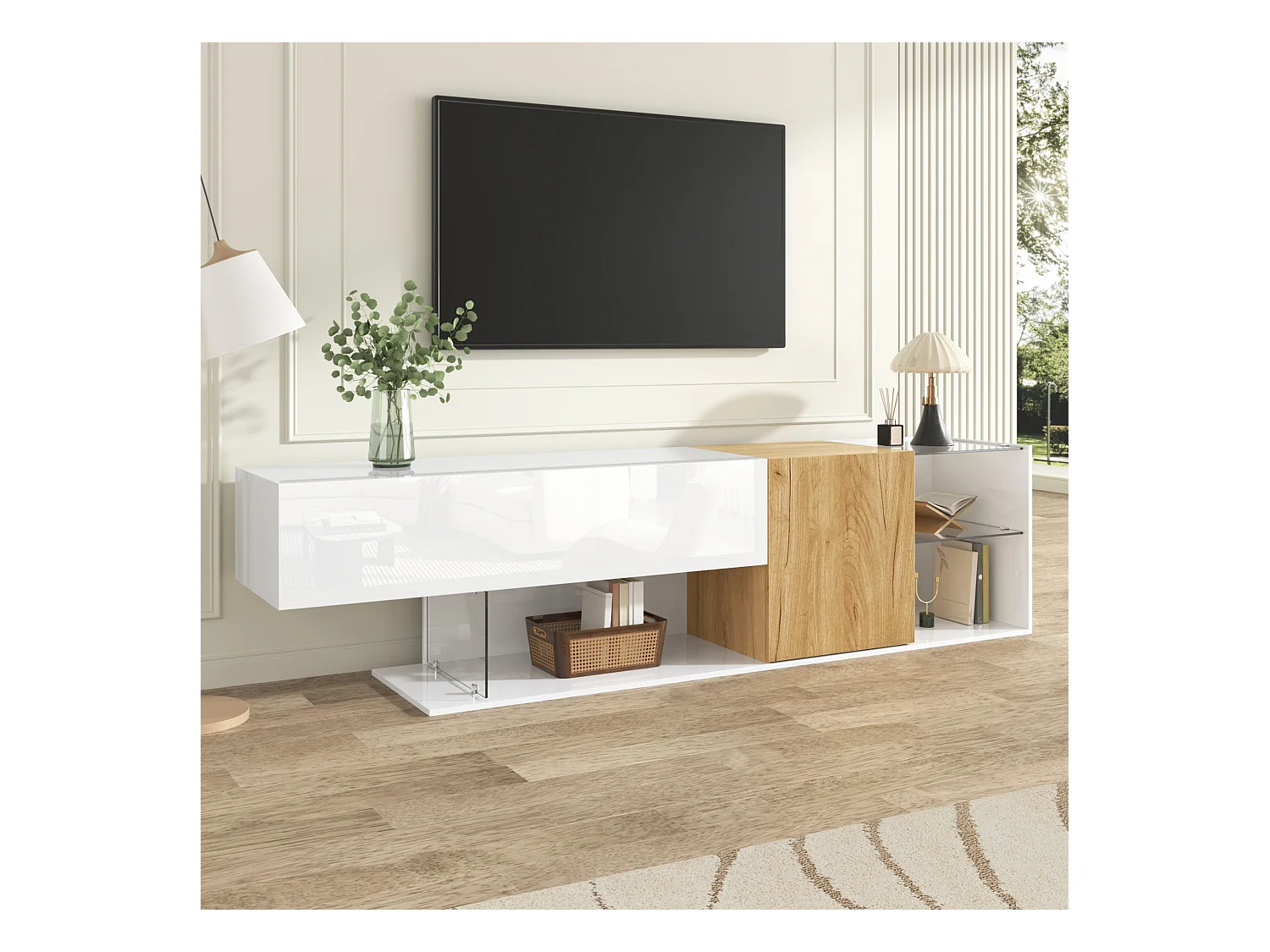 Lowboard Moderne TV-Schrank in Hochglanz Weiß mit Holzoptik und Glasregalen (180×38×48 cm), TV-Board TV-Kommode Fernsehschrank für Wohnzimmer Schlafzimmer
