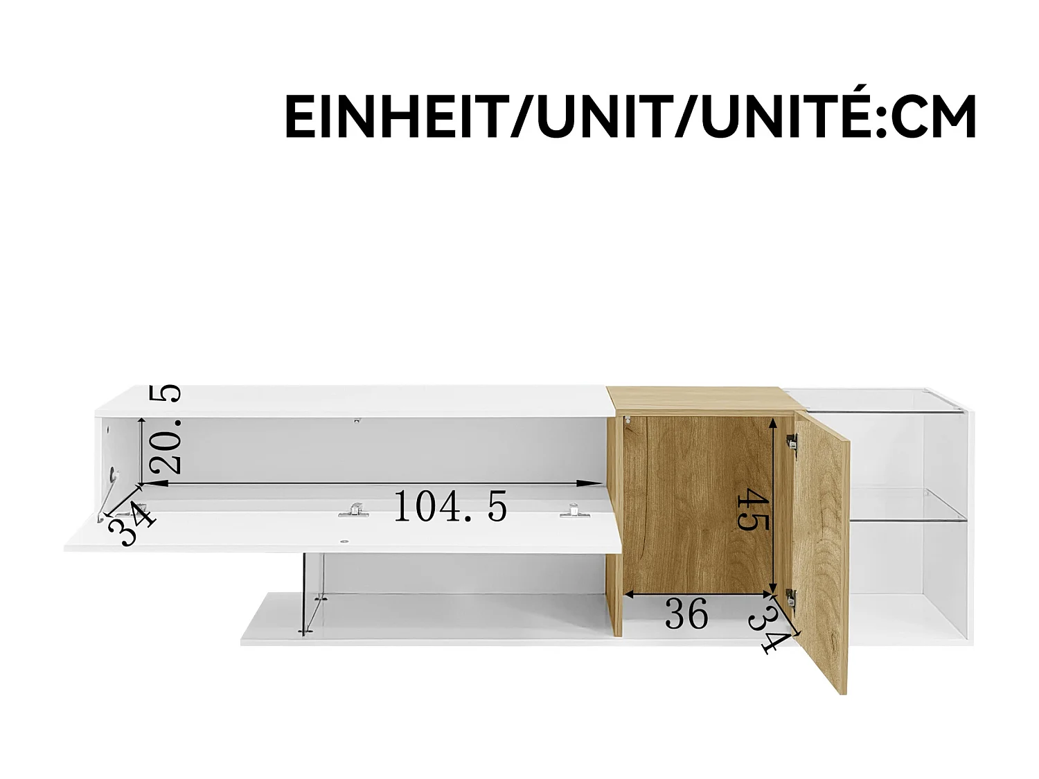 Lowboard Moderne TV-Schrank in Hochglanz Weiß mit Holzoptik und Glasregalen (180×38×48 cm), TV-Board TV-Kommode Fernsehschrank für Wohnzimmer Schlafzimmer