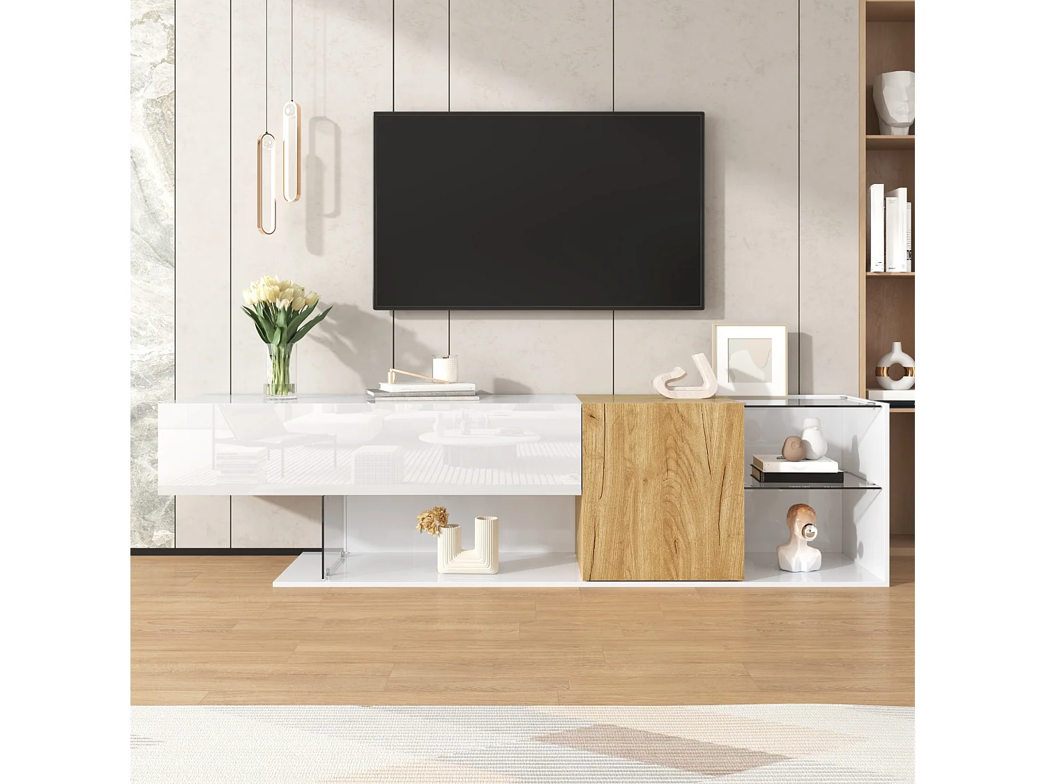 Lowboard Moderne TV-Schrank in Hochglanz Weiß mit Holzoptik und Glasregalen (180×38×48 cm), TV-Board TV-Kommode Fernsehschrank für Wohnzimmer Schlafzimmer