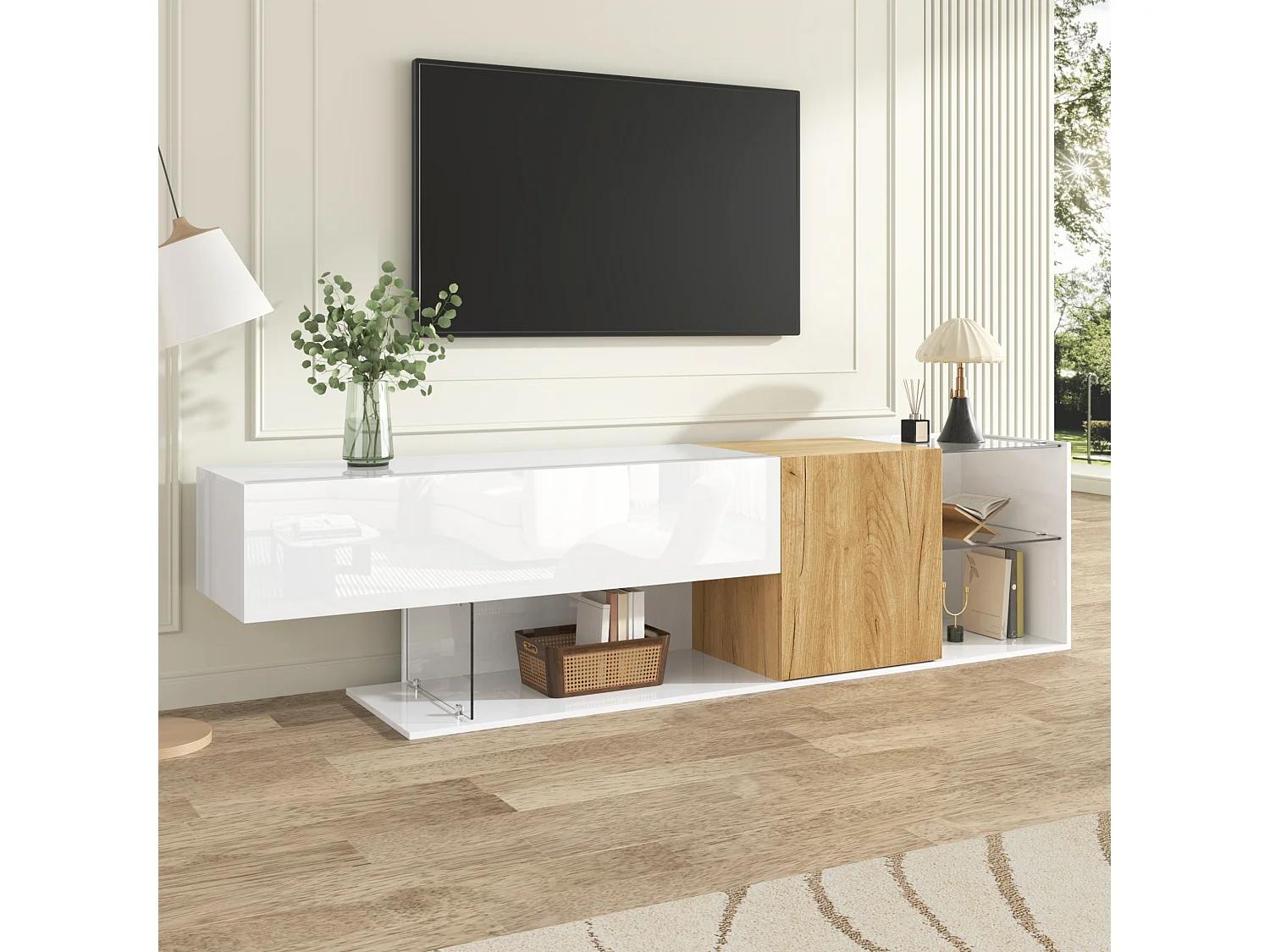 Lowboard Moderne TV-Schrank in Hochglanz Weiß mit Holzoptik und Glasregalen (180×38×48 cm), TV-Board TV-Kommode Fernsehschrank für Wohnzimmer Schlafzimmer