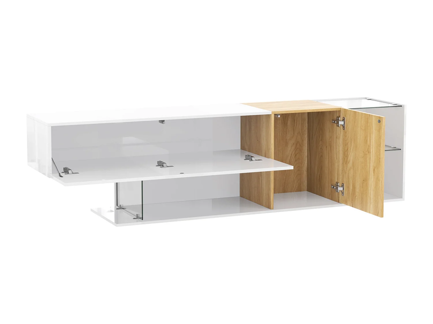 Lowboard Moderne TV-Schrank in Hochglanz Weiß mit Holzoptik und Glasregalen (180×38×48 cm), TV-Board TV-Kommode Fernsehschrank für Wohnzimmer Schlafzimmer