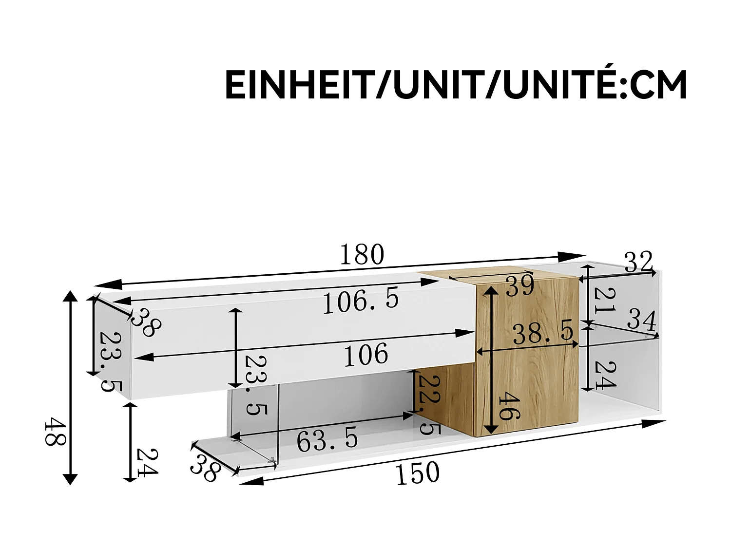 Lowboard Moderne TV-Schrank in Hochglanz Weiß mit Holzoptik und Glasregalen (180×38×48 cm), TV-Board TV-Kommode Fernsehschrank für Wohnzimmer Schlafzimmer