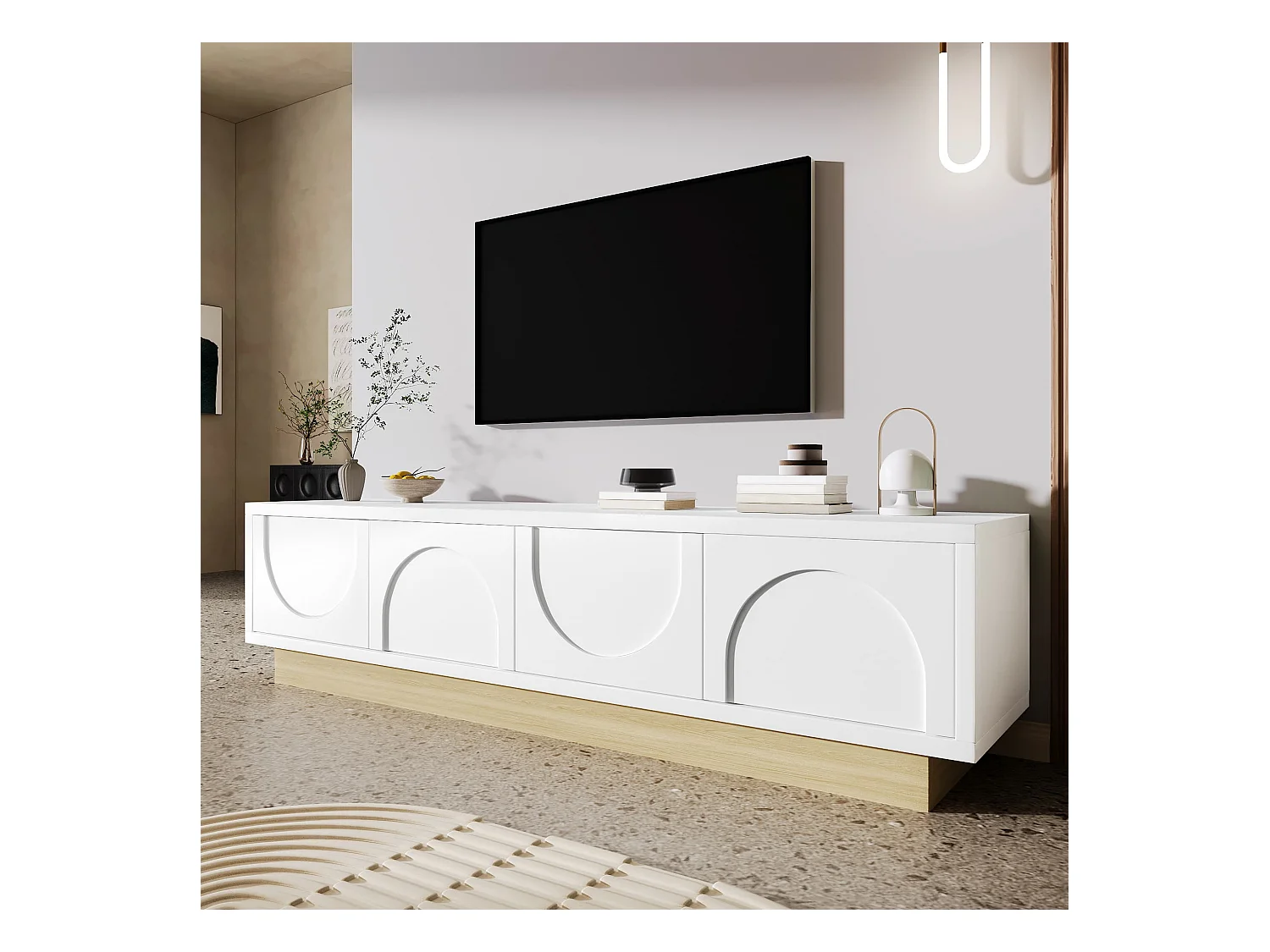 Lowboard TV-Schrank Weiß mit Holzmaserung Kabelmanagement bis zu 75 Zoll (175×40×42 cm), TV-Board Fernsehschrank Kommode für Wohnzimmer Schlafzimmer