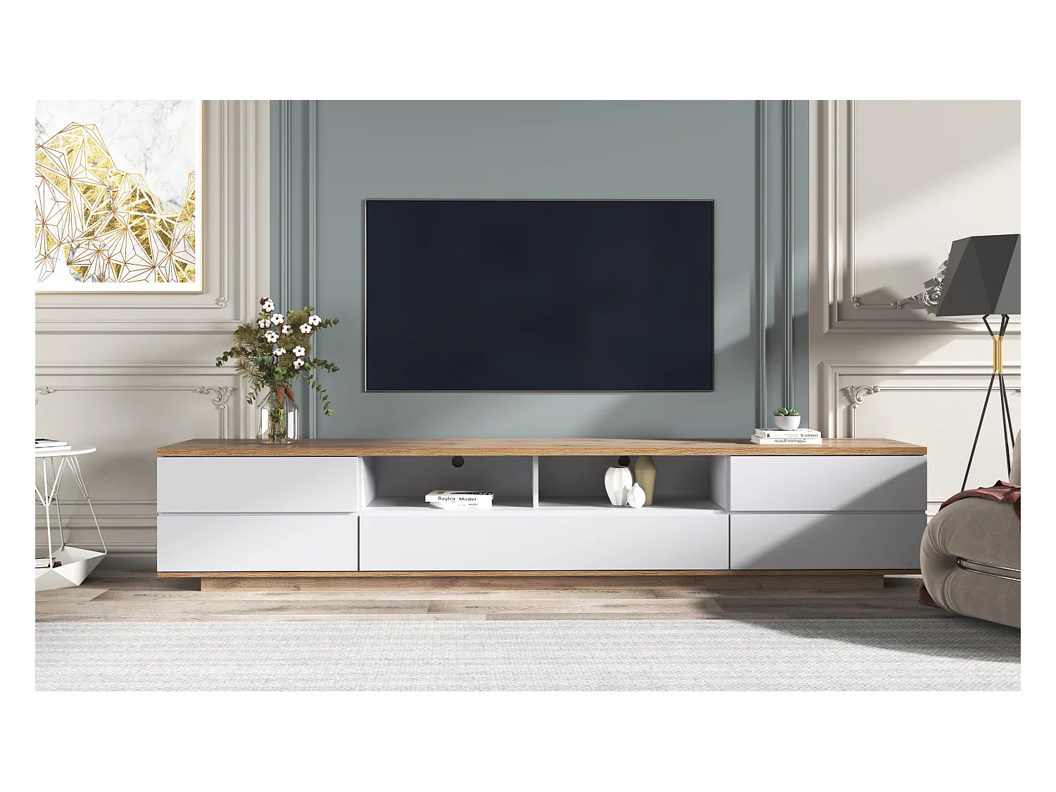 Lowboard TV-Schrank in weißer Ausführung mit Holzmaserung (180 L x 38 B x 46 H cm), TV-Board Fernsehschrank Kommode für Wohnzimmer Schlafzimmer