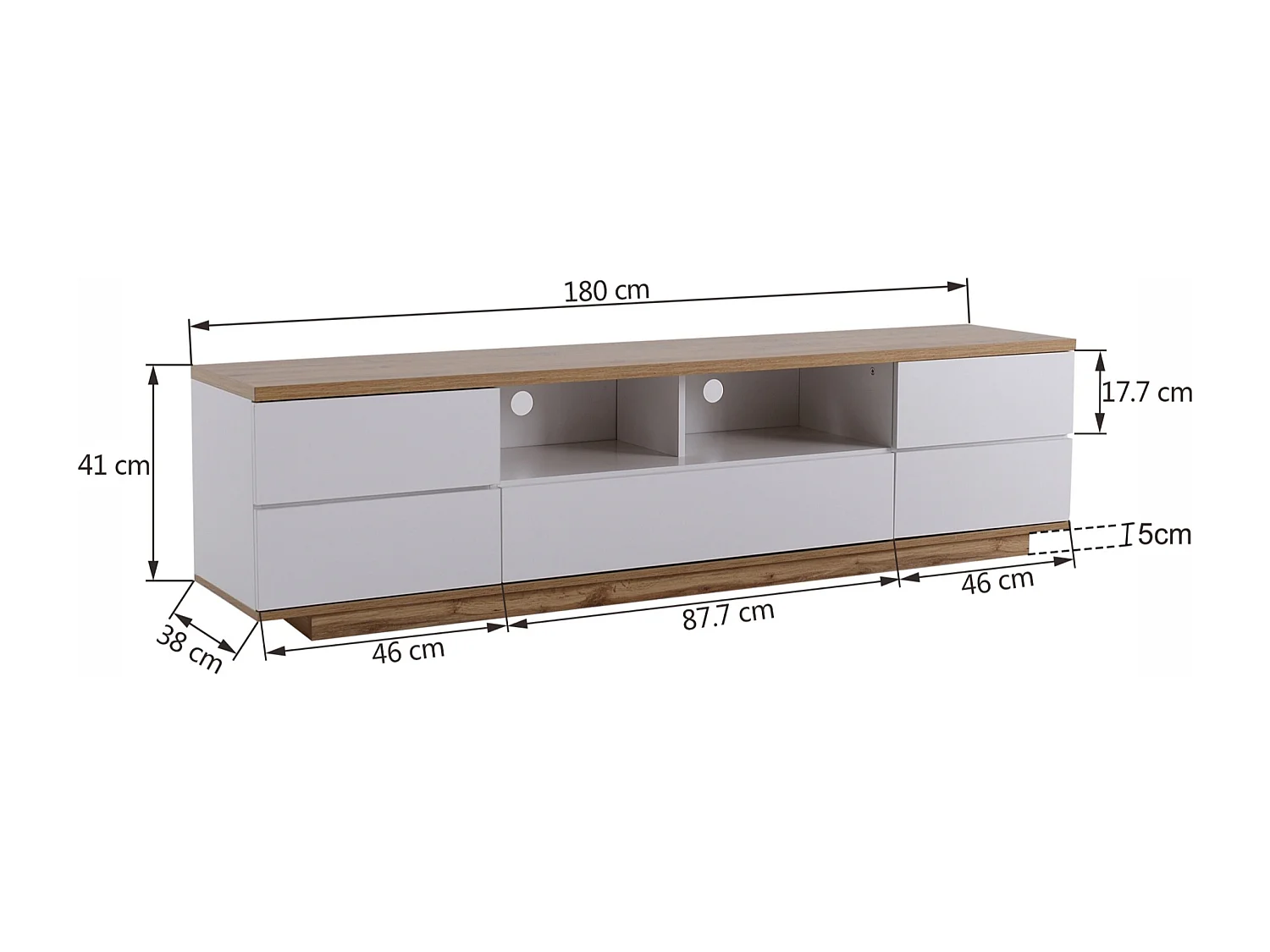 Lowboard TV-Schrank in weißer Ausführung mit Holzmaserung (180 L x 38 B x 46 H cm), TV-Board Fernsehschrank Kommode für Wohnzimmer Schlafzimmer