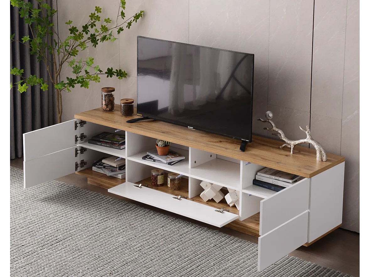 Lowboard TV-Schrank in weißer Ausführung mit Holzmaserung (180 L x 38 B x 46 H cm), TV-Board Fernsehschrank Kommode für Wohnzimmer Schlafzimmer