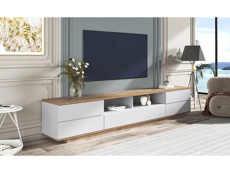 Lowboard TV-Schrank in weißer Ausführung mit Holzmaserung (180 L x 38 B x 46 H cm), TV-Board Fernsehschrank Kommode für Wohnzimmer Schlafzimmer