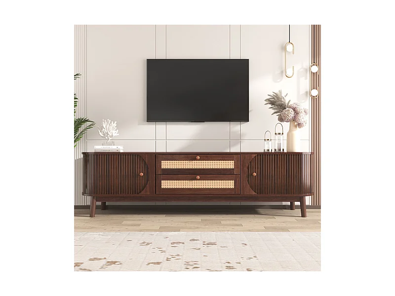 Lowboard TV-Schrank Natürlicher Holz mit Rattantüren Massivholzbeinen (Natürlicher Landhausstil TV-Ständer mit Türen & Schubladen, 170 cm), TV-Board Fernsehschrank