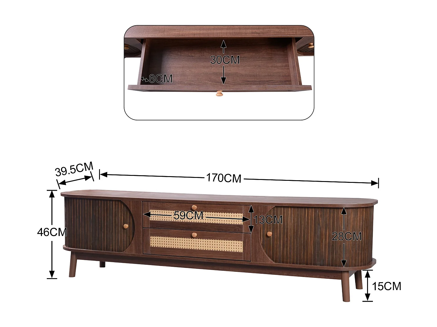 Lowboard TV-Schrank Natürlicher Holz mit Rattantüren Massivholzbeinen (Natürlicher Landhausstil TV-Ständer mit Türen & Schubladen, 170 cm), TV-Board Fernsehschrank