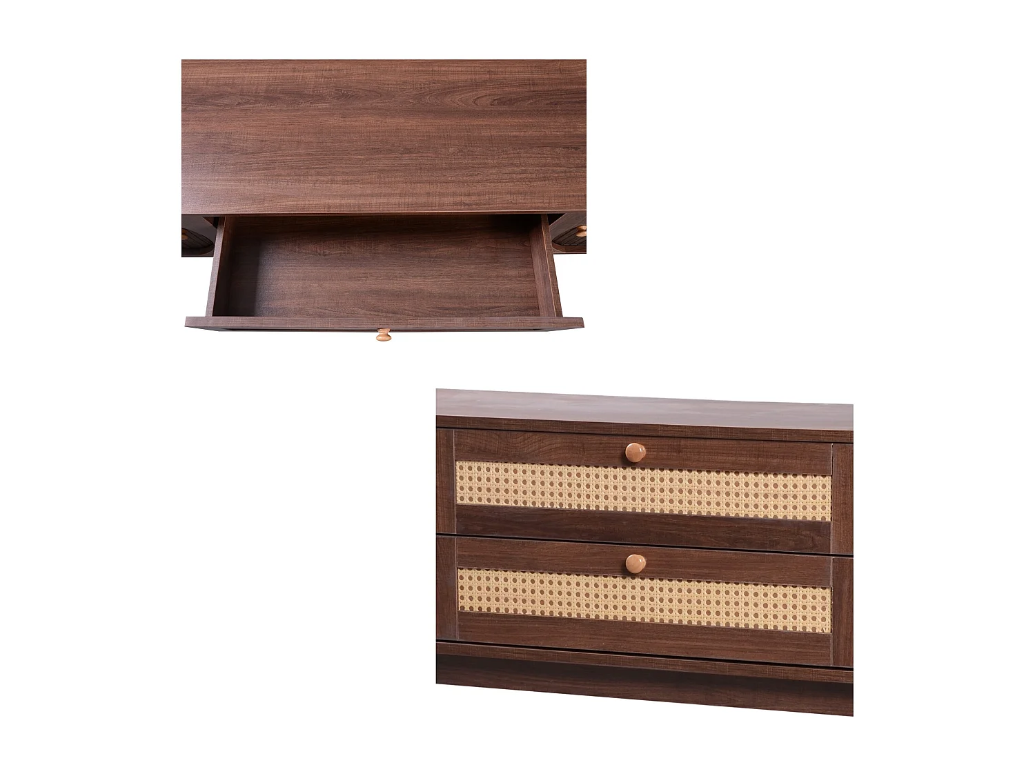 Lowboard TV-Schrank Natürlicher Holz mit Rattantüren Massivholzbeinen (Natürlicher Landhausstil TV-Ständer mit Türen & Schubladen, 170 cm), TV-Board Fernsehschrank