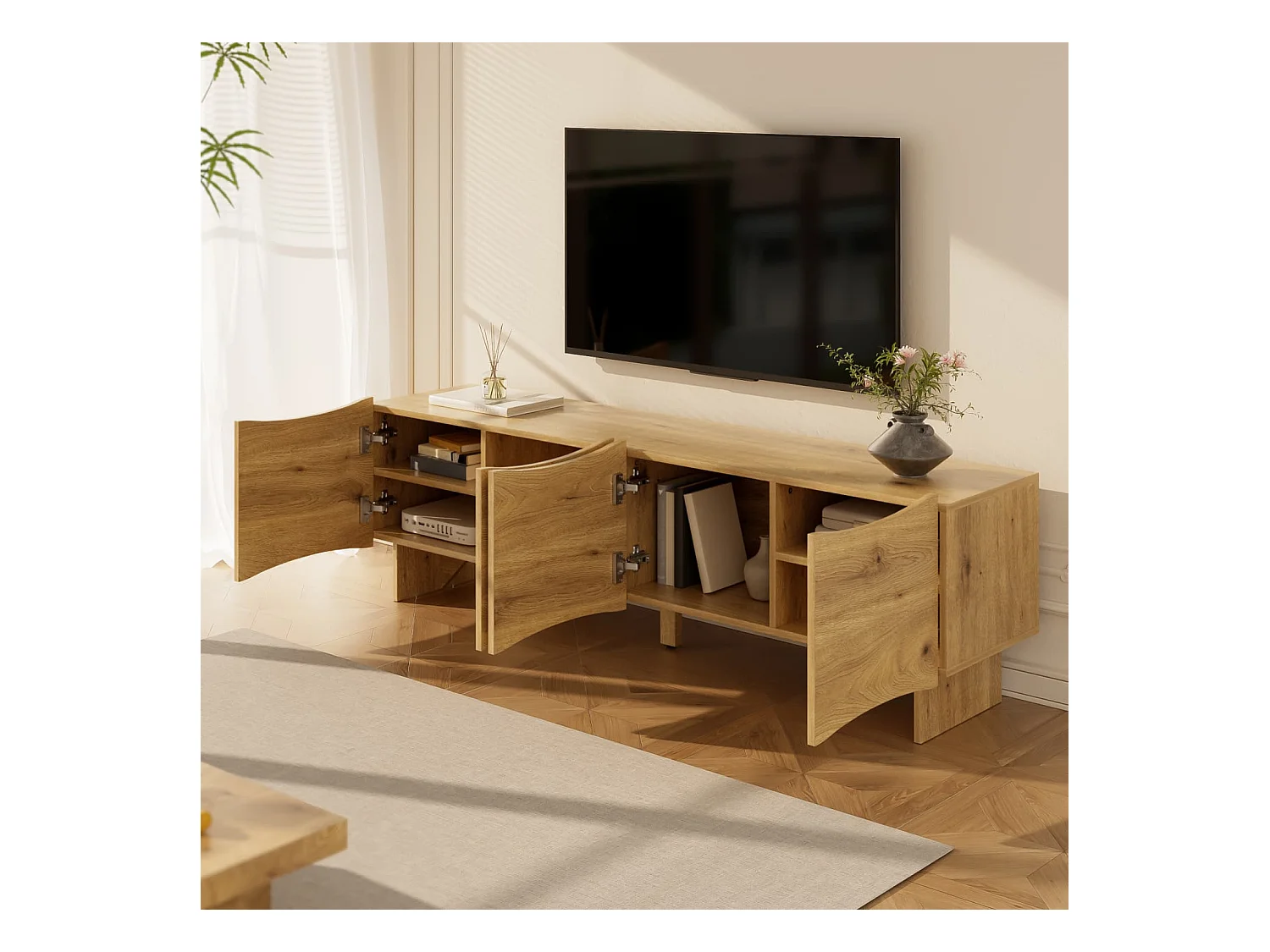 Moderner TV-Schrank mit Wellenmuster,155 cm Medienkonsole mit Stauraum,vier Türen und Kabeldurchführungen in Holzoptik,stilvolles Design