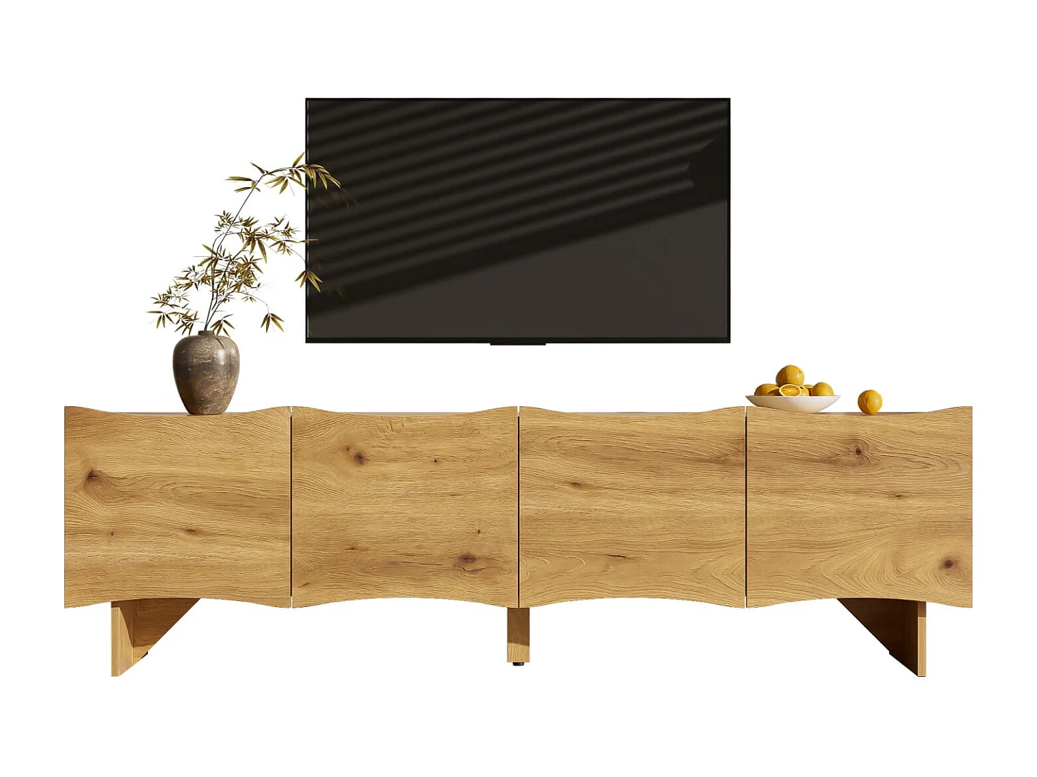 Moderner TV-Schrank mit Wellenmuster,155 cm Medienkonsole mit Stauraum,vier Türen und Kabeldurchführungen in Holzoptik,stilvolles Design