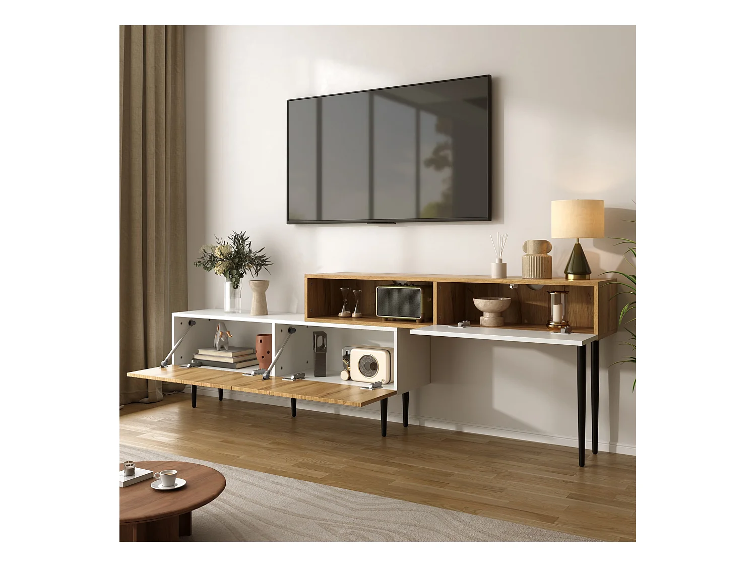 Lowboard TV-Schrank TV-Ständer mit verstellbarer Länge (120 + 120 L x 30 B x 63,5 H), Multifunktionales TV-Board Fernsehschrank für Wohnzimmer Schlafzimmer