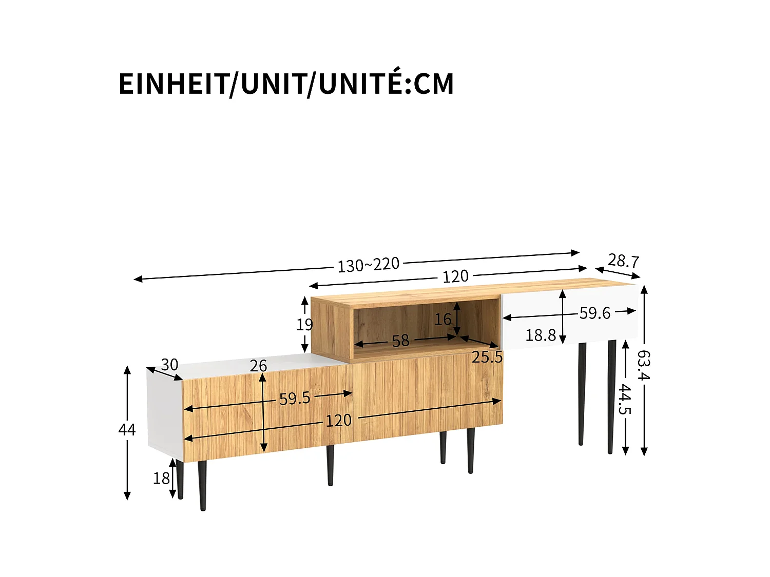 Lowboard TV-Schrank TV-Ständer mit verstellbarer Länge (120 + 120 L x 30 B x 63,5 H), Multifunktionales TV-Board Fernsehschrank für Wohnzimmer Schlafzimmer