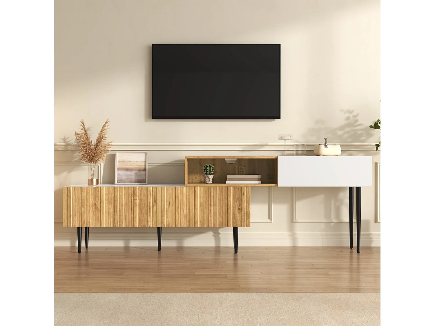 Lowboard TV-Schrank TV-Ständer mit verstellbarer Länge (120 + 120 L x 30 B x 63,5 H), Multifunktionales TV-Board Fernsehschrank für Wohnzimmer Schlafzimmer