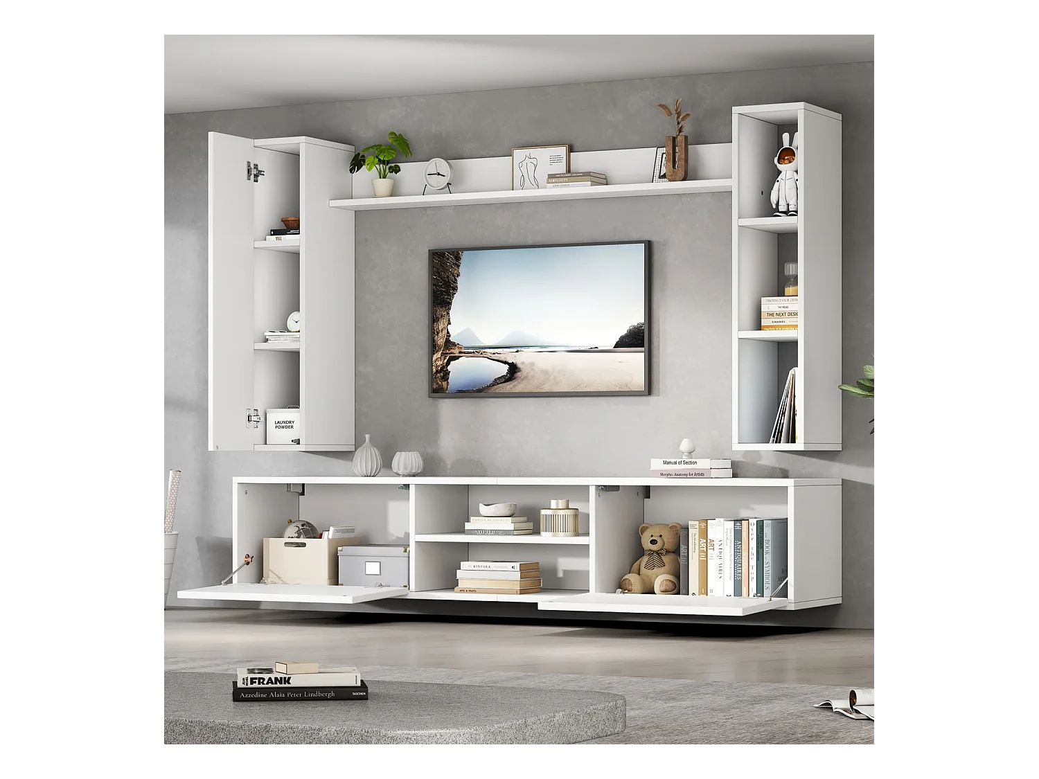 TV Wohnwand-set mit Vitrinen (Komplett-Set, 4-St),Mediawand inkl.TV-Board,Standregal und 2 Wandregal,TV Möbel-Set,TV-Schrank,stehend&hängend