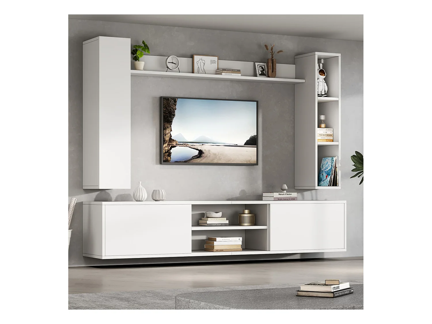 TV Wohnwand-set mit Vitrinen (Komplett-Set, 4-St),Mediawand inkl.TV-Board,Standregal und 2 Wandregal,TV Möbel-Set,TV-Schrank,stehend&hängend