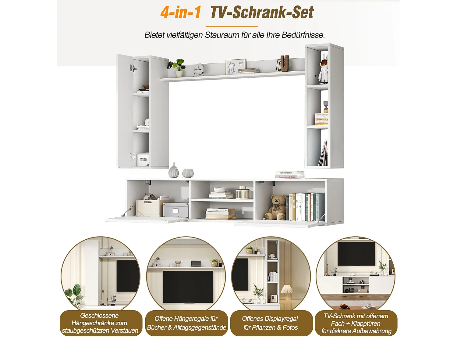 TV Wohnwand-set mit Vitrinen (Komplett-Set, 4-St),Mediawand inkl.TV-Board,Standregal und 2 Wandregal,TV Möbel-Set,TV-Schrank,stehend&hängend