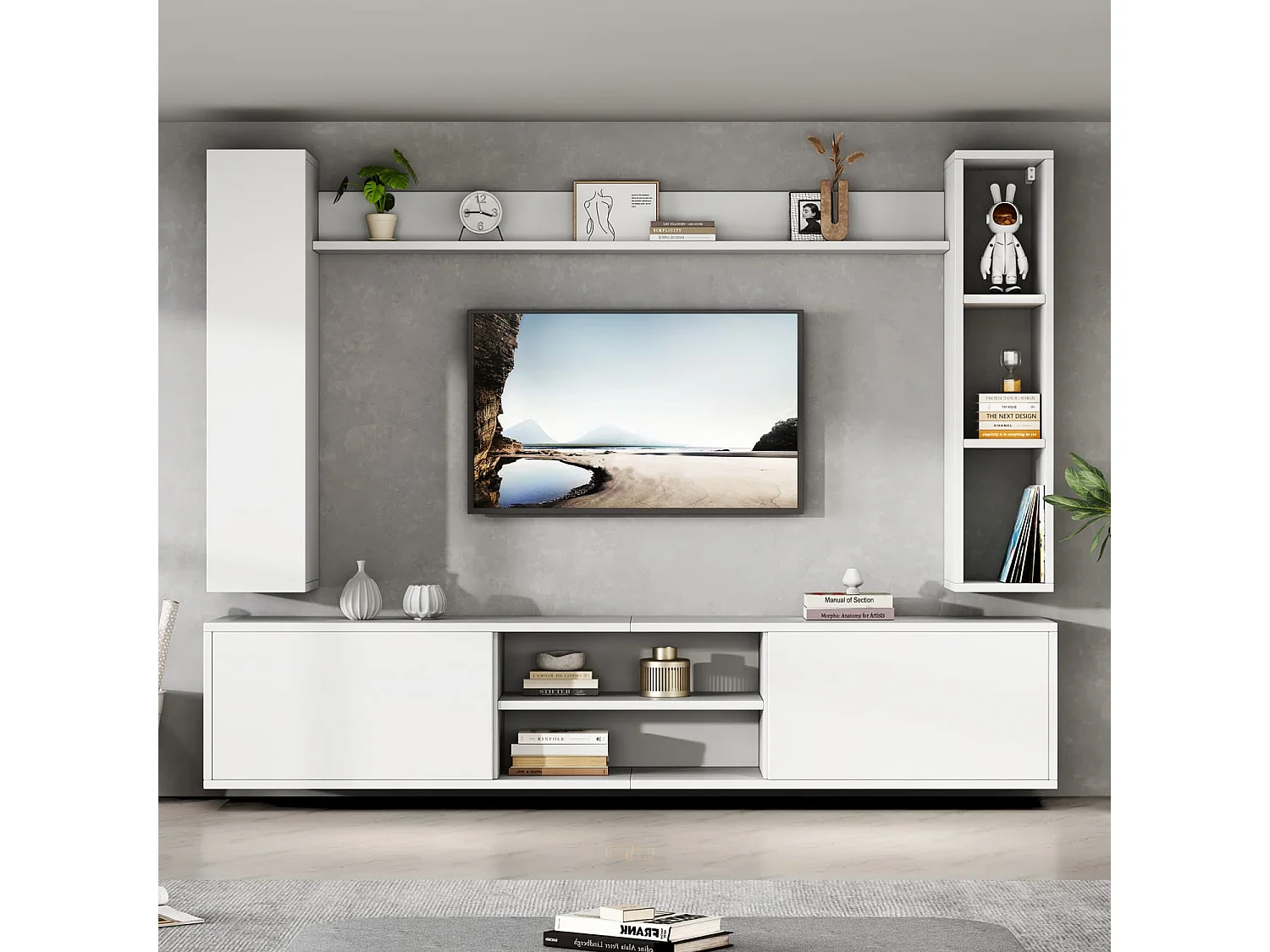 TV Wohnwand-set mit Vitrinen (Komplett-Set, 4-St),Mediawand inkl.TV-Board,Standregal und 2 Wandregal,TV Möbel-Set,TV-Schrank,stehend&hängend