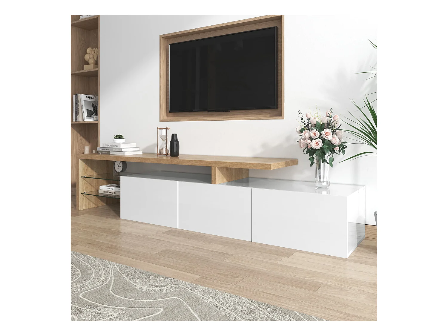 Lowboard TV-Schrank im Hochglanz mit LED-Beleuchtung (197,5 L x 39 B x 42 H cm), TV-Board Fernsehschrank Kommode für Wohnzimmer Schlafzimmer