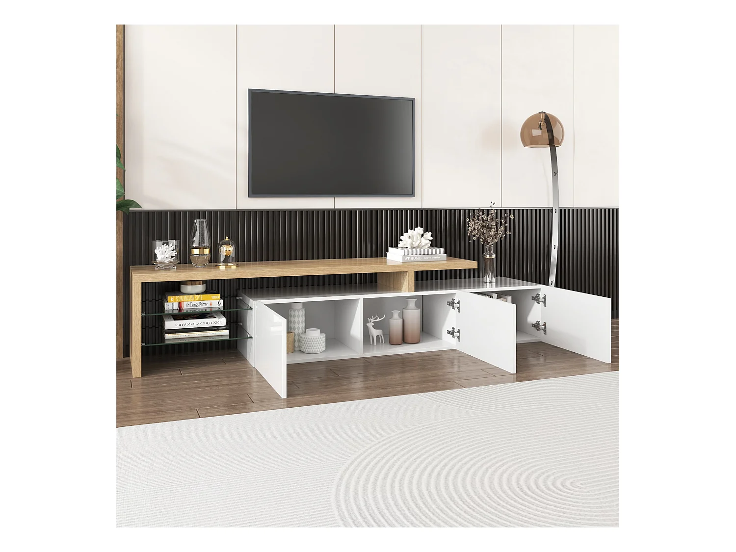 Lowboard TV-Schrank im Hochglanz mit LED-Beleuchtung (197,5 L x 39 B x 42 H cm), TV-Board Fernsehschrank Kommode für Wohnzimmer Schlafzimmer