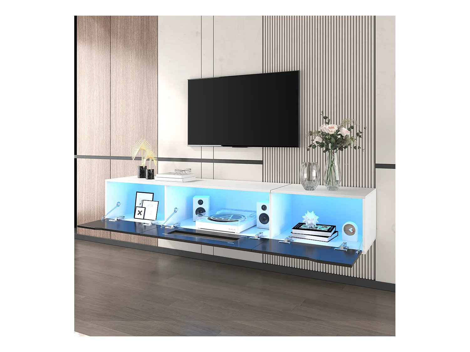 Lowboard Hochglanz-TV-Schrank mit farbwechselndem LED-Licht (180 × 30 × 35cm), TV-Board Fernsehschrank für Wohnzimmer Schlafzimmer