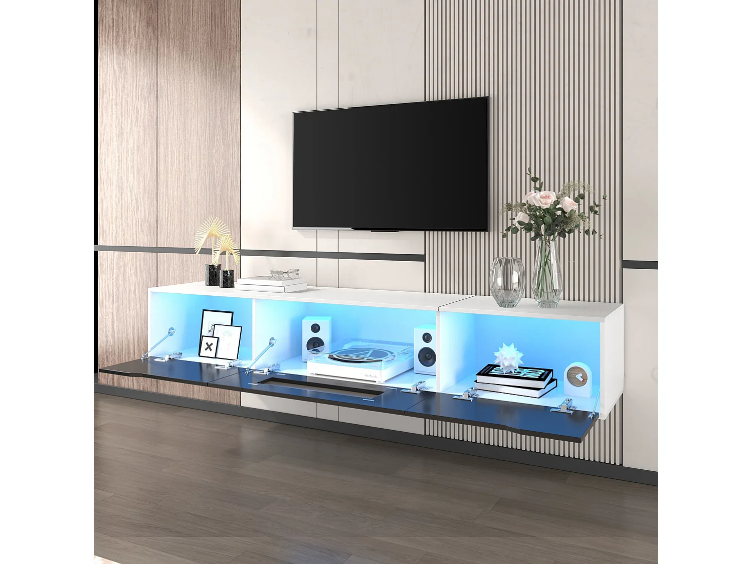 Lowboard Hochglanz-TV-Schrank mit farbwechselndem LED-Licht (180 × 30 × 35cm), TV-Board Fernsehschrank für Wohnzimmer Schlafzimmer