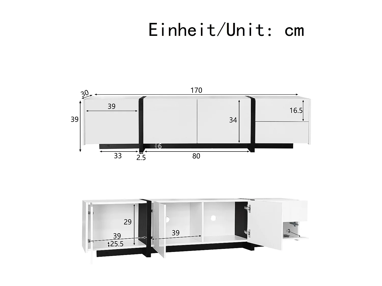 Lowboard TV-Schrank Hochglanzschrank in Schwarz-weißes Ausführung (170 × 30 × 39 cm), TV-Board Fernsehschrank Kommode für Wohnzimmer Schlafzimmer