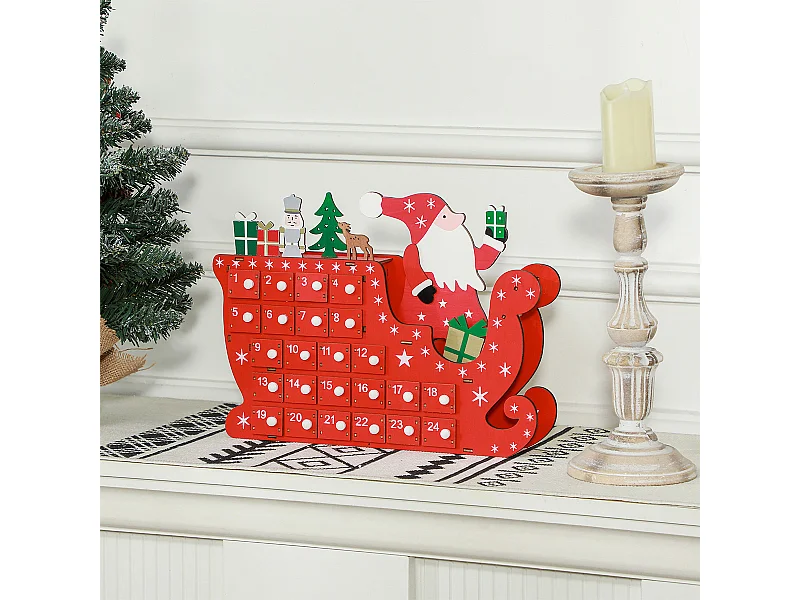 Weihnachtskalender mit 24 Schubladen Weihnachtsmann mit Schlitten Adventskalender 22,5 x 8 x 36 cm Rot