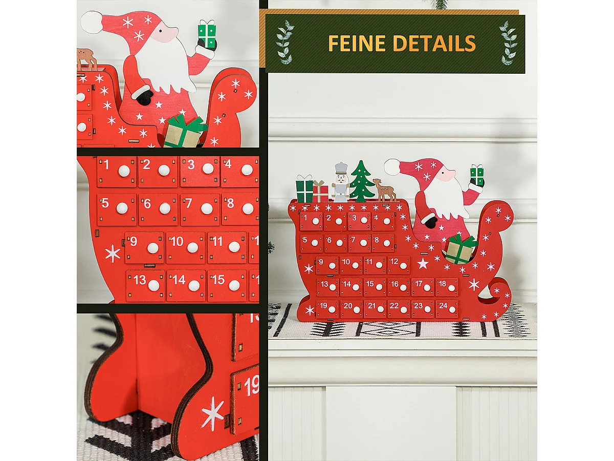 Weihnachtskalender mit 24 Schubladen Weihnachtsmann mit Schlitten Adventskalender 22,5 x 8 x 36 cm Rot
