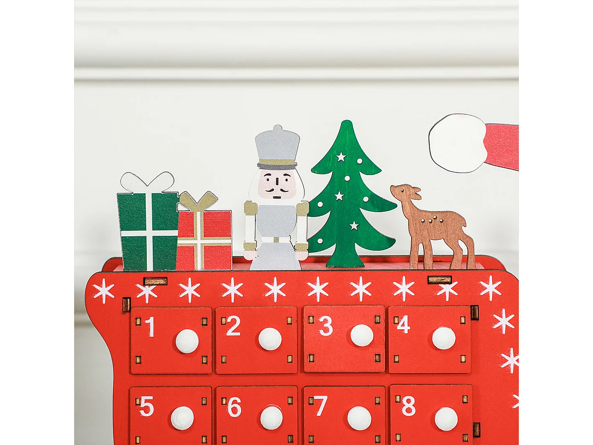 Weihnachtskalender mit 24 Schubladen Weihnachtsmann mit Schlitten Adventskalender 22,5 x 8 x 36 cm Rot