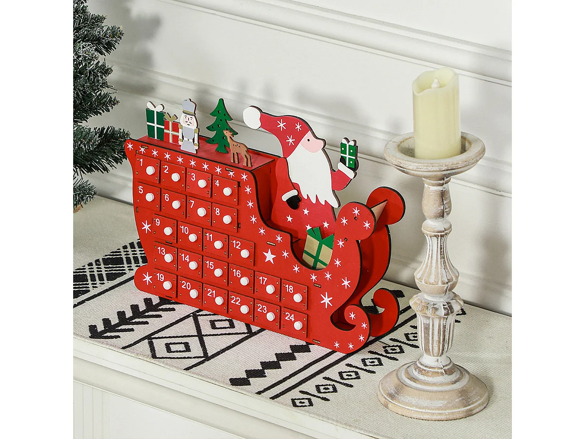 Weihnachtskalender mit 24 Schubladen Weihnachtsmann mit Schlitten Adventskalender 22,5 x 8 x 36 cm Rot
