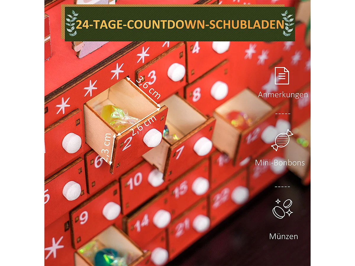 Weihnachtskalender mit 24 Schubladen Weihnachtsmann mit Schlitten Adventskalender 22,5 x 8 x 36 cm Rot