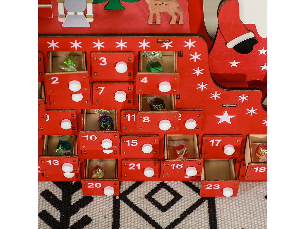 Weihnachtskalender mit 24 Schubladen Weihnachtsmann mit Schlitten Adventskalender 22,5 x 8 x 36 cm Rot