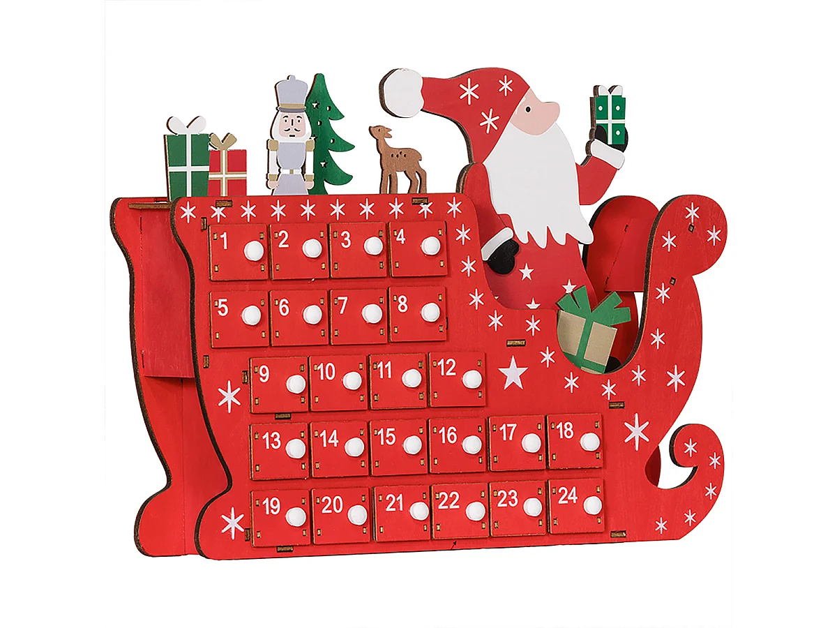 Weihnachtskalender mit 24 Schubladen Weihnachtsmann mit Schlitten Adventskalender 22,5 x 8 x 36 cm Rot
