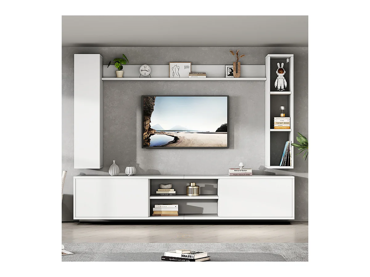 TV Wohnwand-set mit Vitrinen inkl.TV-Board, Standregal und 2 Wandregal TV Wohnzimmermöbel-Set bis 80' 180*35*33.5cm Weiß