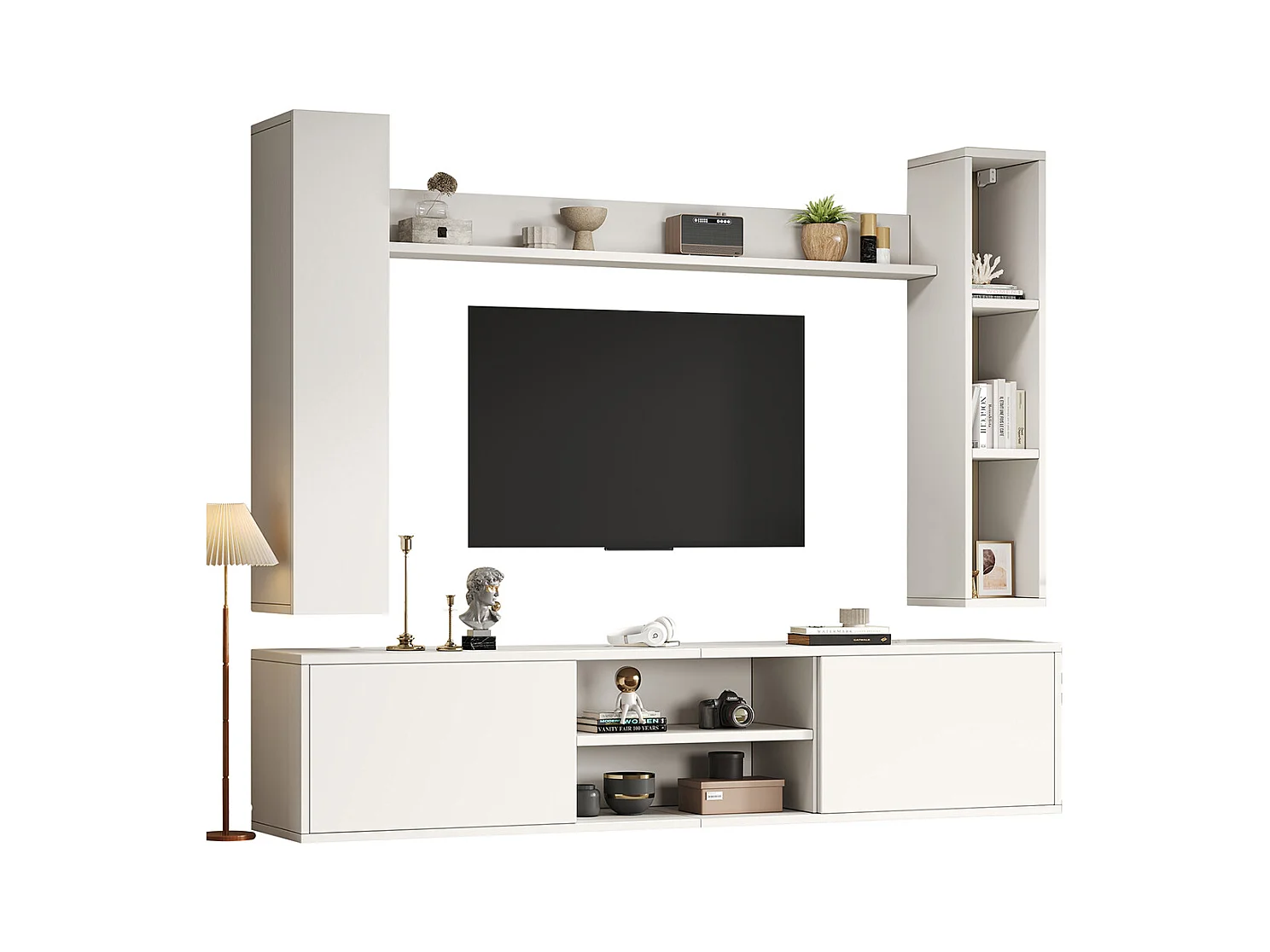 TV Wohnwand-set mit Vitrinen inkl.TV-Board, Standregal und 2 Wandregal TV Wohnzimmermöbel-Set bis 80' 180*35*33.5cm Weiß