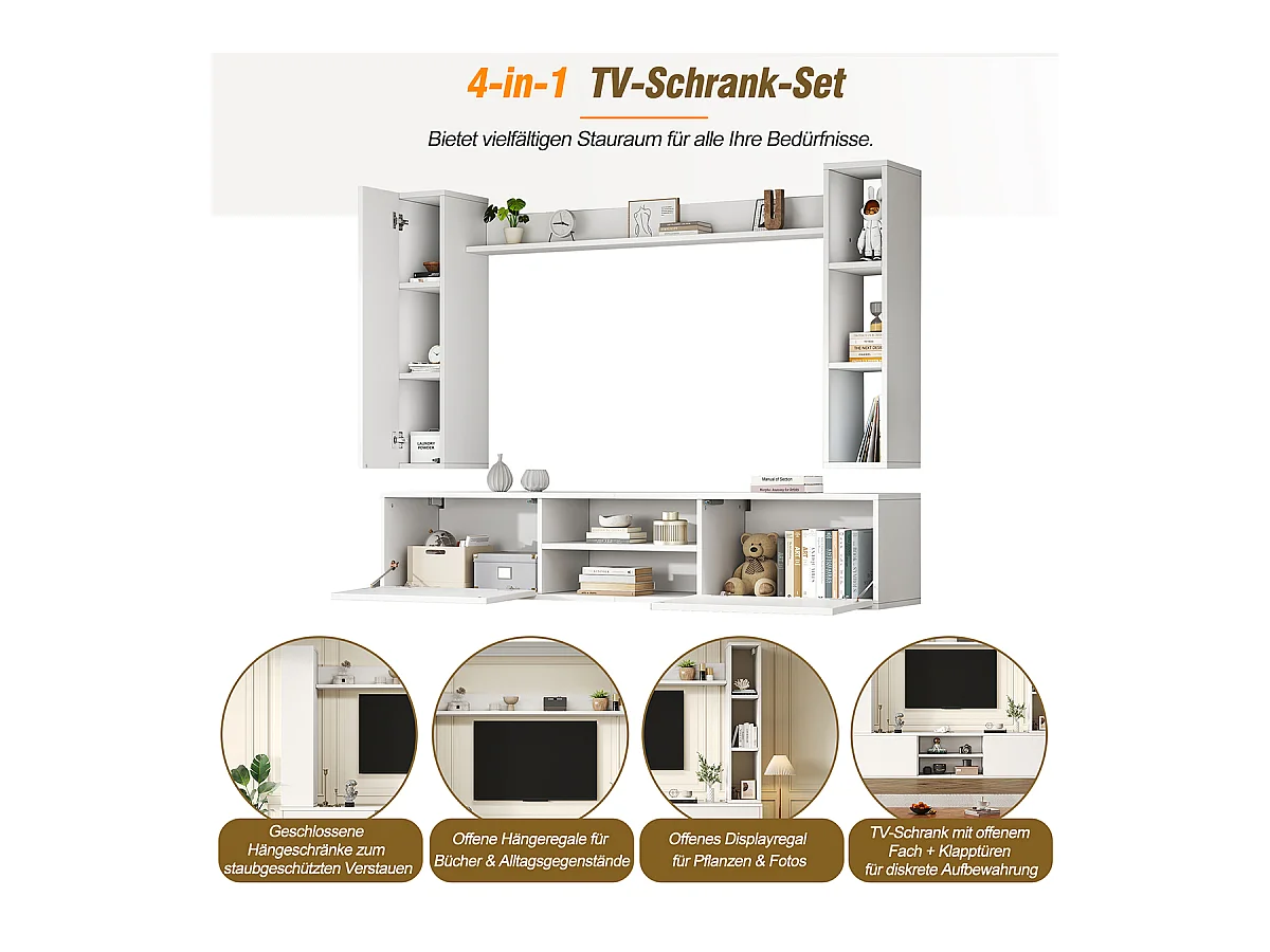 TV Wohnwand-set mit Vitrinen inkl.TV-Board, Standregal und 2 Wandregal TV Wohnzimmermöbel-Set bis 80' 180*35*33.5cm Weiß