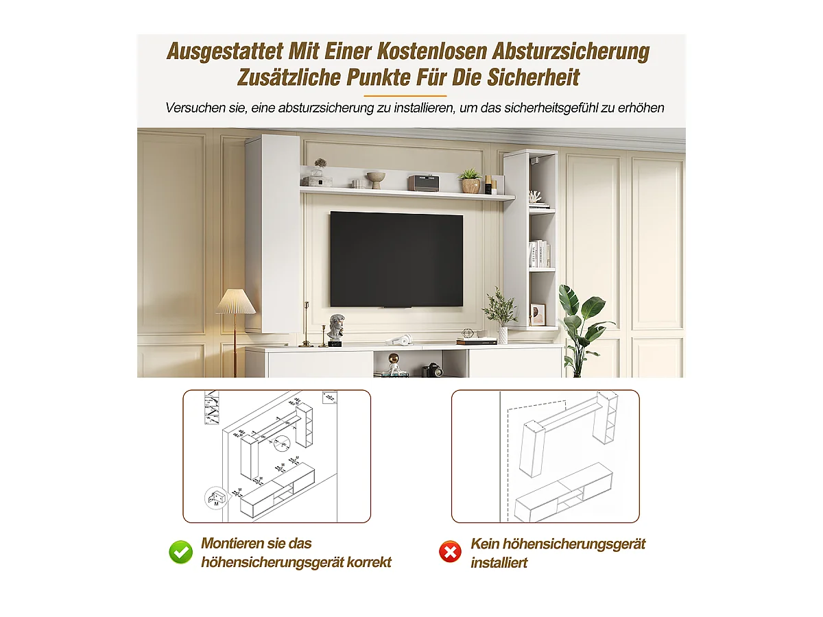 TV Wohnwand-set mit Vitrinen inkl.TV-Board, Standregal und 2 Wandregal TV Wohnzimmermöbel-Set bis 80' 180*35*33.5cm Weiß