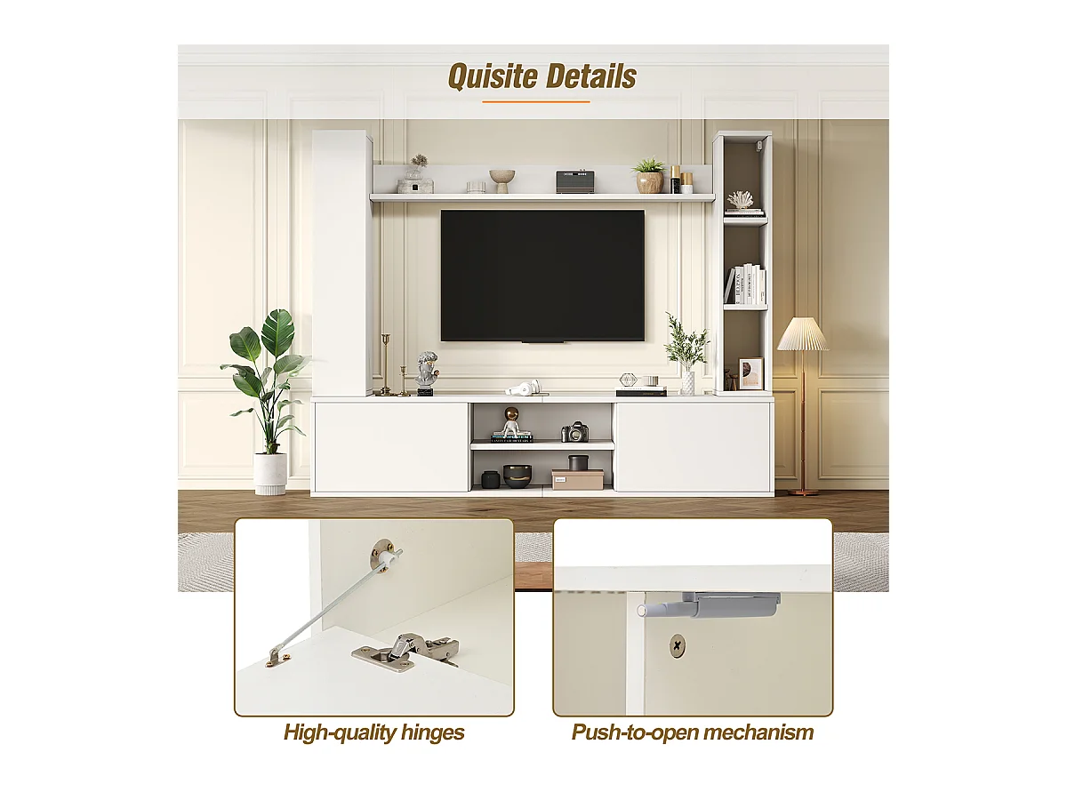 TV Wohnwand-set mit Vitrinen inkl.TV-Board, Standregal und 2 Wandregal TV Wohnzimmermöbel-Set bis 80' 180*35*33.5cm Weiß