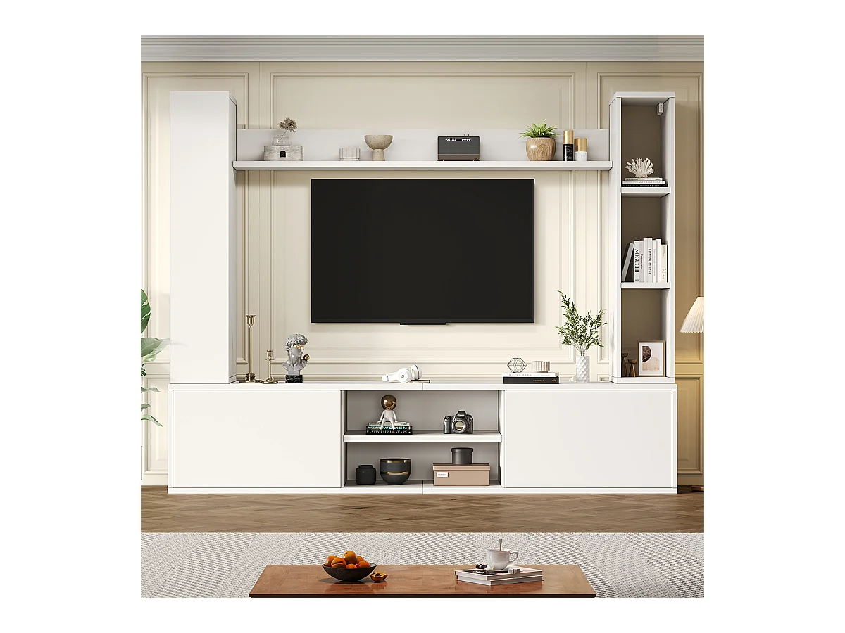 TV Wohnwand-set mit Vitrinen inkl.TV-Board, Standregal und 2 Wandregal TV Wohnzimmermöbel-Set bis 80' 180*35*33.5cm Weiß