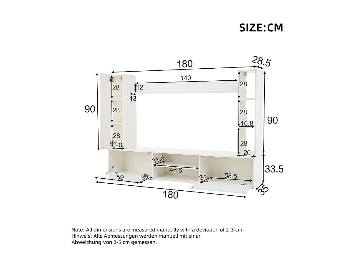 TV Wohnwand-set mit Vitrinen inkl.TV-Board, Standregal und 2 Wandregal TV Wohnzimmermöbel-Set bis 80' 180*35*33.5cm Weiß