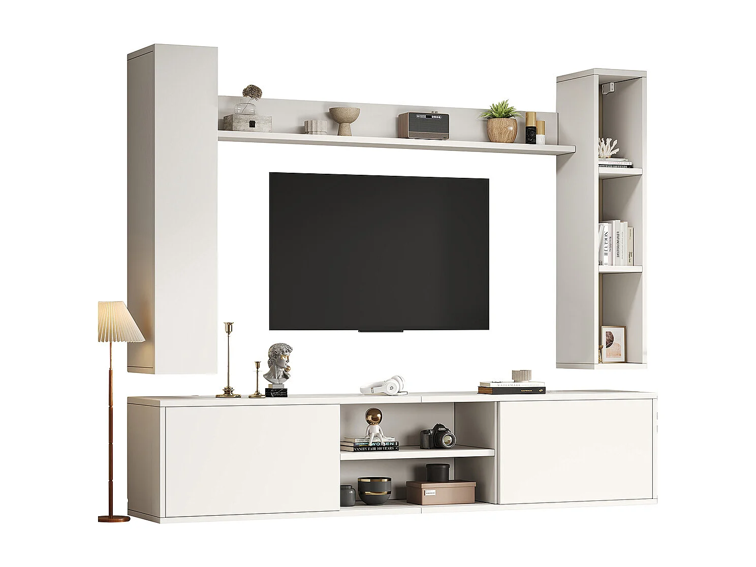 TV Wohnwand-set mit Vitrinen inkl.TV-Board, Standregal und 2 Wandregal TV Wohnzimmermöbel-Set bis 80' 180*35*33.5cm Weiß