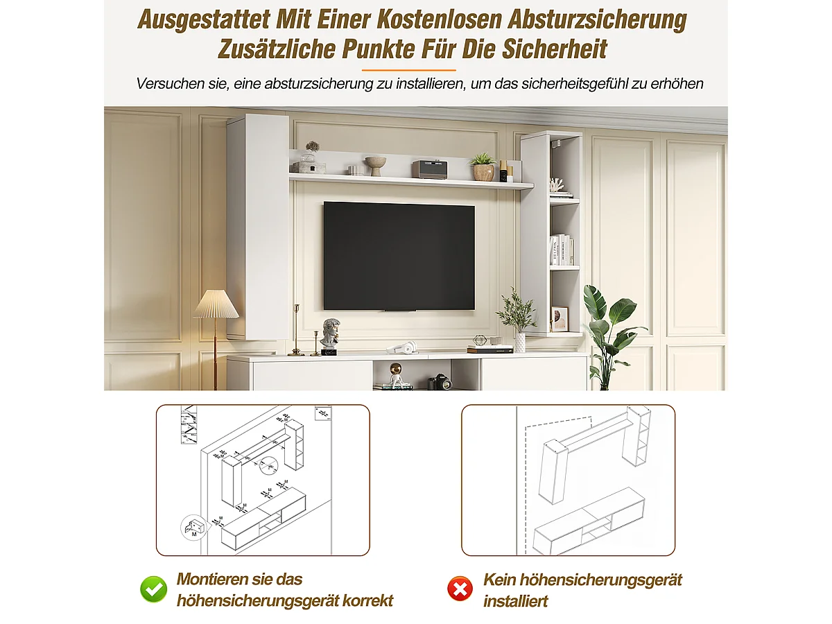 TV Wohnwand-set mit Vitrinen inkl.TV-Board, Standregal und 2 Wandregal TV Wohnzimmermöbel-Set bis 80' 180*35*33.5cm Weiß