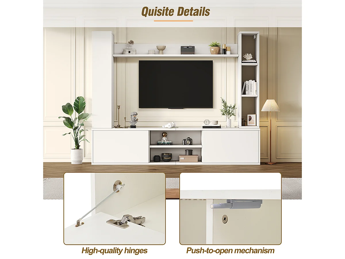 TV Wohnwand-set mit Vitrinen inkl.TV-Board, Standregal und 2 Wandregal TV Wohnzimmermöbel-Set bis 80' 180*35*33.5cm Weiß