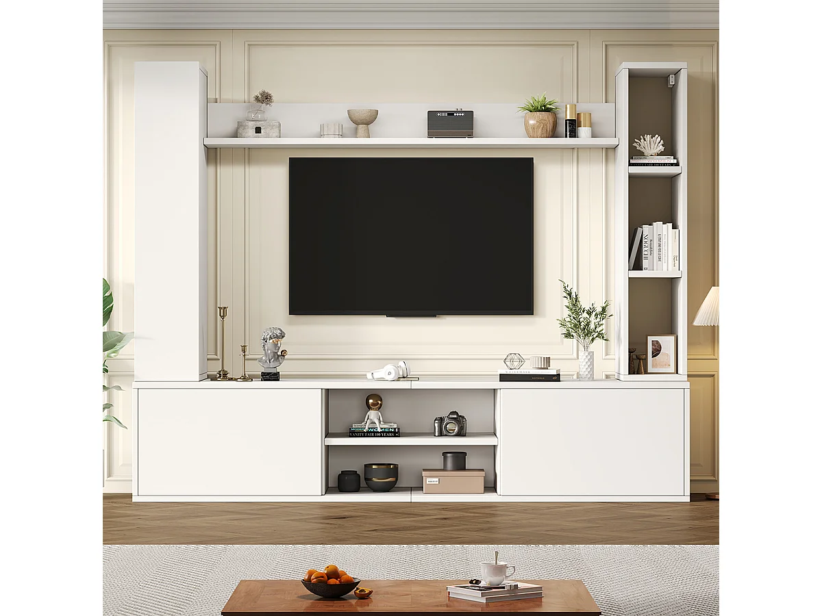 TV Wohnwand-set mit Vitrinen inkl.TV-Board, Standregal und 2 Wandregal TV Wohnzimmermöbel-Set bis 80' 180*35*33.5cm Weiß