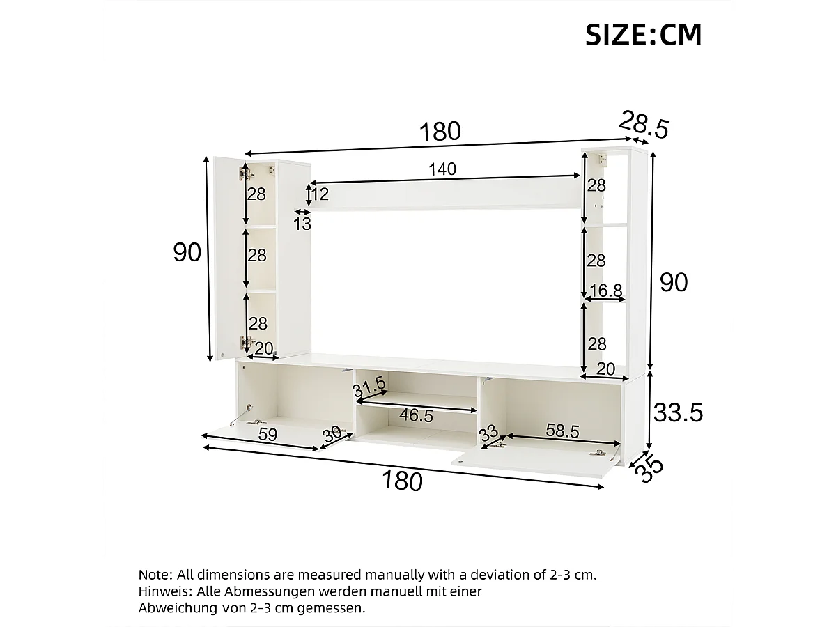 TV Wohnwand-set mit Vitrinen inkl.TV-Board, Standregal und 2 Wandregal TV Wohnzimmermöbel-Set bis 80' 180*35*33.5cm Weiß