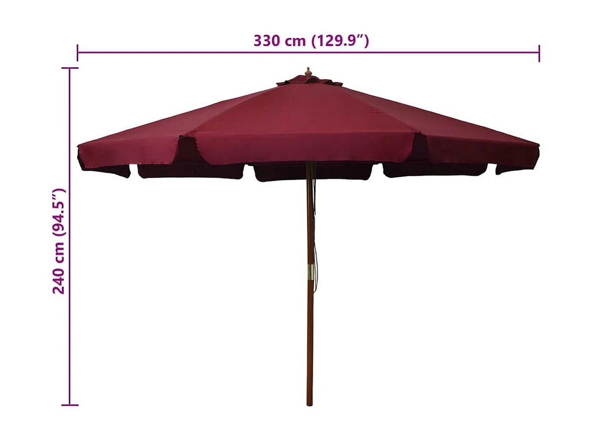 Parasol d'extérieur | Parasol de jardin avec mât en bois 330 cm Bordeaux